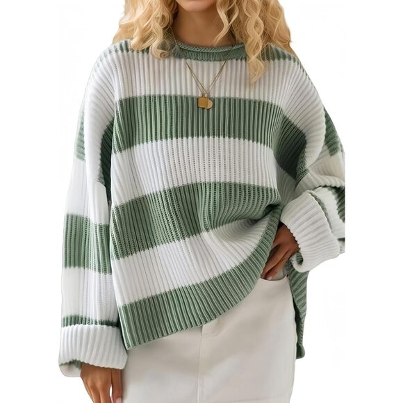 Sweaters - Women's White Green Pullover Drop Shoulder Long Sleeve Retro Stripe Fall Sweater